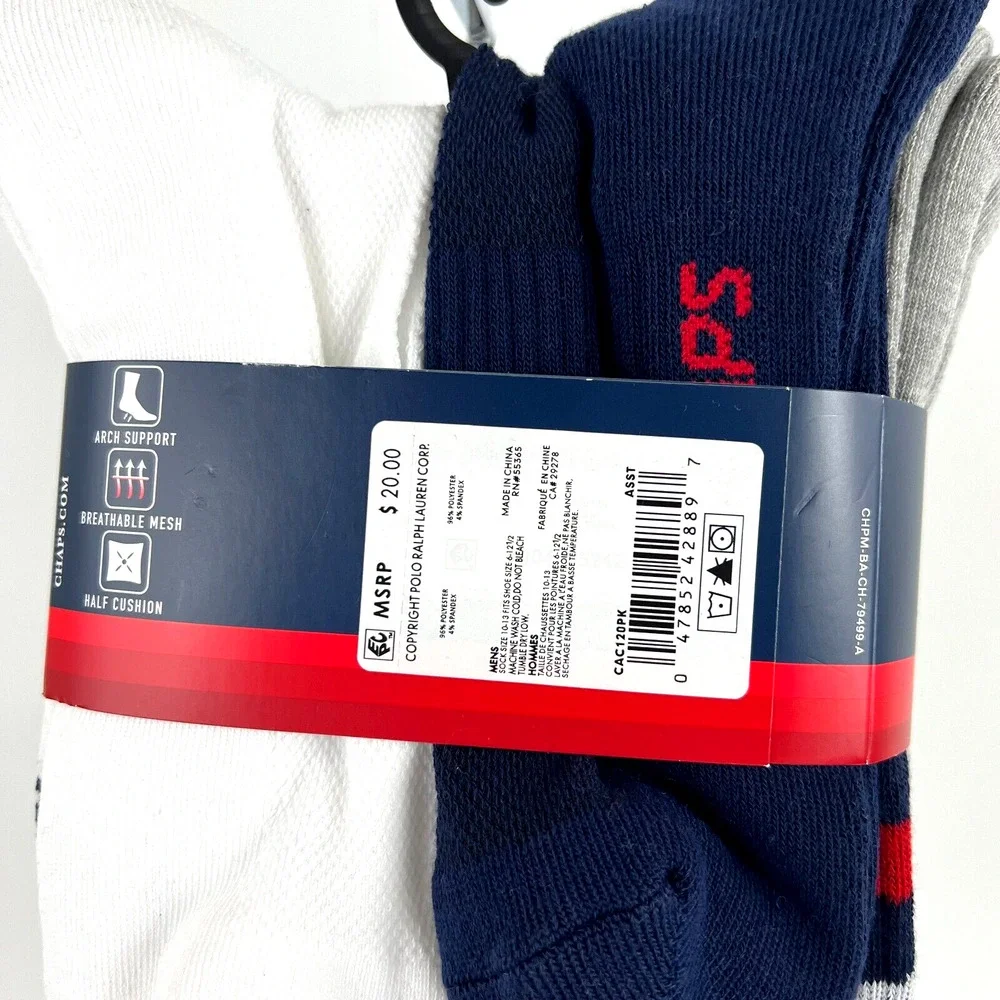 NEW Chaps Men’s Racer Stripe Athletic Crew Socks 6 Pairs Shoe Size 6-12.5 W/Tags